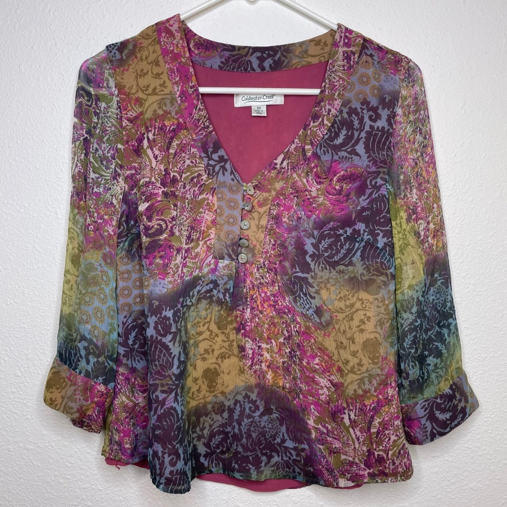 Boho Fairycore Patchwork Women Silk Top XS Pink Pastel